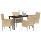 Preview: 5-teiliges Garten-Essset mit Kissen Beige Poly Rattan, Gartentisch Schwarz 140x80x73 cm Sicherheitsglas