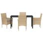 Preview: 5-teiliges Garten-Essset mit Kissen Beige Poly Rattan, Gartentisch Schwarz 140x80x73 cm Sicherheitsglas