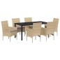 Preview: 7-teiliges Garten Essgruppe mit Kissen Beige Poly Rattan, Gartentisch Schwarz 160x80x73 cm Tempered Glass