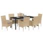 Preview: 7-teiliges Garten Essgruppe mit Kissen Beige Poly Rattan, Gartentisch Schwarz 160x80x73 cm Tempered Glass