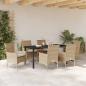 Preview: 7-teiliges Garten Essgruppe mit Kissen Beige Poly Rattan, Gartentisch Schwarz 160x80x73 cm Tempered Glass