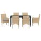 Preview: 7-teiliges Garten Essgruppe mit Kissen Beige Poly Rattan, Gartentisch Schwarz 160x80x73 cm Tempered Glass