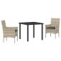 Preview: 3-teiliges Garten-Essset mit Kissen Lichtgrau Poly-Rattan, Gartentisch Schwarz 80x80x73 cm mit Sicherheitsglas