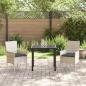 Preview: 3-teiliges Garten-Essset mit Kissen Lichtgrau Poly-Rattan, Gartentisch Schwarz 80x80x73 cm mit Sicherheitsglas