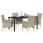 Preview: 5-teiliges Garten Ess-Set mit Kissen in Hellgrau - Poly-Rattan, Gartentisch in Schwarz 160x80x73 cm mit Sicherheitsglas