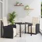 Preview: ARDEBO.de - 3-teilige Garten Essgruppe mit Kissen Schwarz Poly Rattan, Gartentisch Schwarz 80x80x73 cm Temperiertes Glas