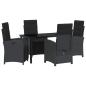 Preview: 5-teiliges Garten Esszimmer Set mit Kissen Schwarz Poly-Rattan, Gartentisch Schwarz 140x80x73 cm Tempered Glass