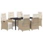 Preview: 7-teiliges Gartenessset mit Kissen Beige Poly Rattan, Gartentisch Schwarz 160x80x73 cm aus Einscheibensicherheitsglas