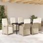 Preview: 7-teiliges Gartenessset mit Kissen Beige Poly Rattan, Gartentisch Schwarz 160x80x73 cm aus Einscheibensicherheitsglas
