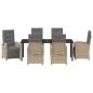 Preview: 7-teiliges Garten-Essset mit Kissen Beige Poly Rattan, Gartentisch Schwarz 200x80x73 cm mit Sicherheitsglas