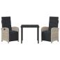 Preview: 3-teiliges Garten-Essgruppen-Set mit Kissen aus hellgrauem Poly-Rattan, Gartentisch Schwarz 80x80x73 cm Sicherheitsglas