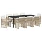 Preview: ARDEBO.de - 9-teiliges Garten-Essset mit Polstern Beige Poly Rattan, Gartentisch Schwarz 200x80x73 cm Tempered Glass