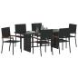 Preview: 7-teiliges Garten-Ess-Set Schwarzes Poly-Rattan, Stapelbare Gartenstühle mit Kissen - 2er Set in Schwarzem Poly-Rattan