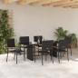 Preview: 7-teiliges Garten-Ess-Set Schwarzes Poly-Rattan, Stapelbare Gartenstühle mit Kissen - 2er Set in Schwarzem Poly-Rattan