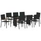 Preview: 9-teiliges Garten Esstisch Set Schwarz Poly Rattan, Stapelbare Gartenstühle mit Kissen - 2-teiliges Set aus schwarzem Poly Rattan