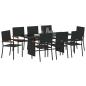 Preview: 9-teiliges Garten Esstisch Set Schwarz Poly Rattan, Stapelbare Gartenstühle mit Kissen - 2-teiliges Set aus schwarzem Poly Rattan