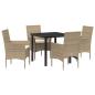 Preview: 5-teilige Garten Essgruppe mit Kissen Beige Poly Rattan, Gartentisch Schwarz 80x80x73 cm Tempered Glass