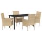 Preview: 5-teiliges Garten Esstisch Set mit Kissen Beige Poly Rattan, Gartentisch Schwarz 140x80x73 cm Temperglas