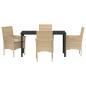 Preview: 5-teiliges Garten Esstisch Set mit Kissen Beige Poly Rattan, Gartentisch Schwarz 140x80x73 cm Temperglas