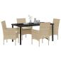 Preview: 5-teiliges Garten-Essset mit Kissen Beige Poly Rattan, Gartentisch Schwarz 160x80x73 cm Tempered Glass