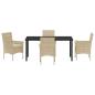 Preview: 5-teiliges Garten-Essset mit Kissen Beige Poly Rattan, Gartentisch Schwarz 160x80x73 cm Tempered Glass