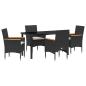 Preview: 5-teilige Garten-Essgruppe mit Kissen Schwarz Rattan, Gartentisch Schwarz 140x80x73 cm Sicherheitsglas