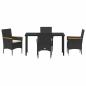 Preview: 5-teilige Garten-Essgruppe mit Kissen Schwarz Rattan, Gartentisch Schwarz 140x80x73 cm Sicherheitsglas