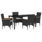Preview: 5-teilige Garten-Essgruppe mit Kissen Schwarz Poly-Rattan, Gartentisch Schwarz 160x80x73 cm Sicherheitsglas