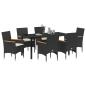 Preview: 7-teiliges Garten Essset mit Kissen Schwarz Poly Rattan, Gartentisch Schwarz 160x80x73 cm Sicherheitsglas
