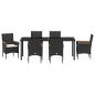 Preview: 7-teilige Garten-Essgruppe mit Kissen Schwarz Poly-Rattan, Gartentisch Schwarz 200x80x73 cm mit Sicherheitsglas