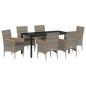 Preview: 7-teiliges Garten Ess Set mit Kissen Grau Poly-Rattan, Gartentisch Schwarz 160x80x73 cm ESG-Glas