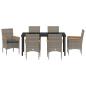 Preview: 7-teiliges Garten Ess Set mit Kissen Grau Poly-Rattan, Gartentisch Schwarz 160x80x73 cm ESG-Glas