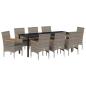 Preview: ARDEBO.de - 9-teilige Garten Essgruppe mit Kissen Grau Poly Rattan, Gartentisch Schwarz 200x80x73 cm Sicherheitsglas