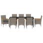 Preview: 9-teilige Garten Essgruppe mit Kissen Grau Poly Rattan, Gartentisch Schwarz 200x80x73 cm Sicherheitsglas