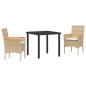 Preview: 3-teilige Garten-Essgruppe mit Kissen Beige Poly Rattan, Gartentisch Schwarz 80x80x73 cm gehärtetes Glas