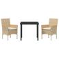 Preview: 3-teilige Garten-Essgruppe mit Kissen Beige Poly Rattan, Gartentisch Schwarz 80x80x73 cm gehärtetes Glas