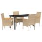 Preview: 5-teilige Garten-Essgruppe mit Kissen Beige Poly-Rattan, Gartentisch Schwarz 140x80x73 cm gehärtetes Glas