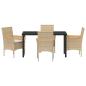 Preview: 5-teilige Garten-Essgruppe mit Kissen Beige Poly-Rattan, Gartentisch Schwarz 140x80x73 cm gehärtetes Glas