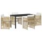 Preview: 5-teiliges Garten Essset mit Kissen in Beige Poly Rattan, Gartentisch Schwarz 140x80x73 cm mit Sicherheitsglas