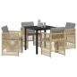 Preview: 5-teiliges Garten Esszimmer Set mit Kissen Beige Poly Rattan, Gartentisch Schwarz 80x80x73 cm mit Sicherheitsglas