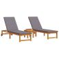 Preview: Sonnenliegen 2 Stk mit Tisch und Kissen aus Massivholz Akazie, Sonnenliege mit hellgrauen Kissen aus Massivholz Akazie, Gartenbeistelltisch 35x35x34 cm aus Massivholz Akazie