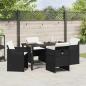 Preview: 5-teiliges Garten-Essset mit Kissen in Schwarz Poly-Rattan, Gartentisch in Schwarz 140x80x73 cm mit gehärtetem Glas