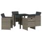 Preview: 5-teiliges Garten-Esszimmer Set mit Kissen Grau Poly Rattan, Gartentisch Schwarz 80x80x73 cm Tempered Glass