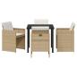 Preview: 5-teiliges Garten Essset mit Kissen Beige Poly Rattan, Gartentisch Schwarz 80x80x73 cm Temperglas
