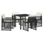 Preview: 5-teiliges Garten-Essset mit Kissen Schwarz Poly Rattan, Gartentisch Schwarz 80x80x73 cm Tempered Glass