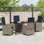 Preview: 5-teiliges Garten-Esszimmer-Set mit Kissen aus grauem Poly-Rattan.