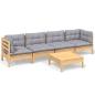 Preview: ARDEBO.de - 5-tlg. Garten-Lounge-Set mit Grauen Kissen Kiefer Massivholz