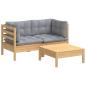 Preview: 3-tlg. Garten-Lounge-Set mit Grauen Kissen Kiefernholz