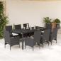 Preview: ARDEBO.de - 9-tlg. Garten-Essgruppe mit Kissen Schwarz Poly Rattan und Glas