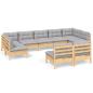 Preview: 9-tlg. Garten-Lounge-Set mit Grauen Kissen Kiefer Massivholz